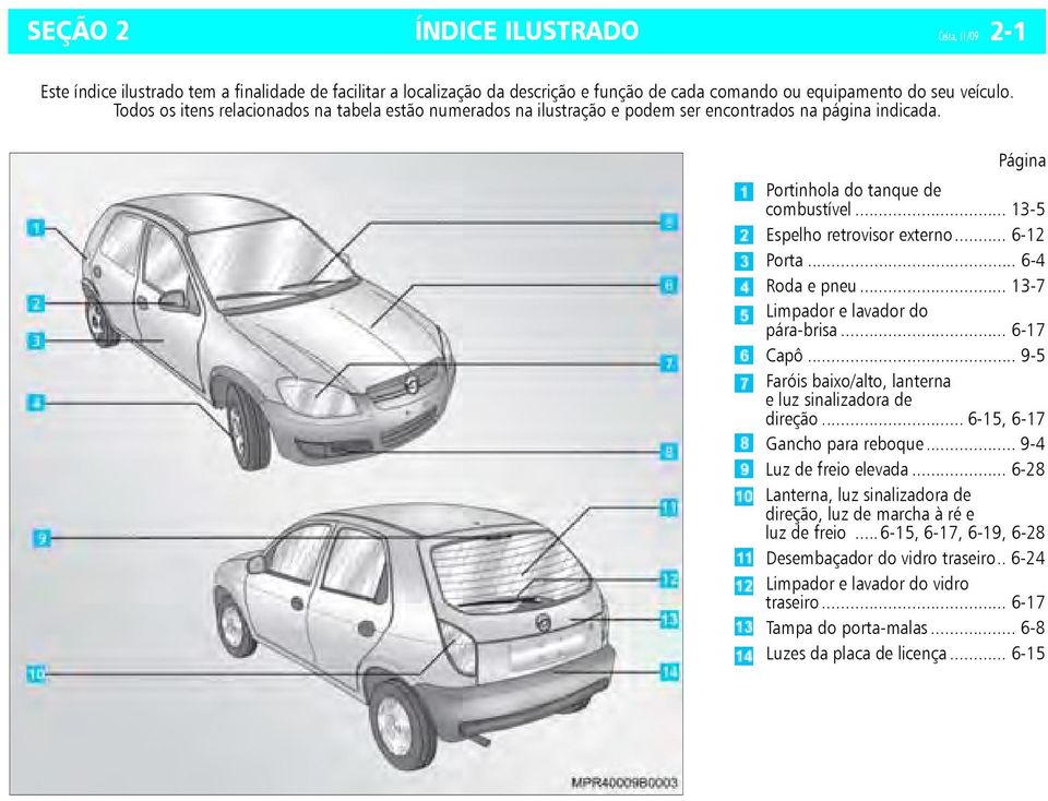 .. 6-12 Porta... 6-4 Roda e pneu... 13-7 Limpador e lavador do pára-brisa... 6-17 Capô... 9-5 Faróis baixo/alto, lanterna e luz sinalizadora de direção... 6-15, 6-17 Gancho para reboque.