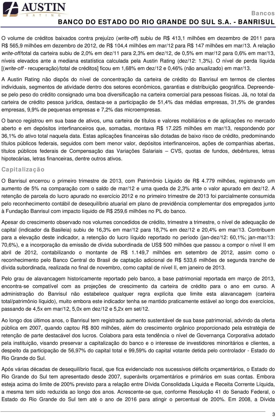 A relação write-off/total da carteira subiu de 2,0% em dez/11 para 2,3% em dez/12, de 0,5% em mar/12 para 0,6% em mar/13, níveis elevados ante a mediana estatística calculada pela Austin Rating