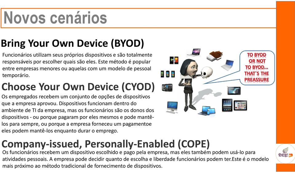 Choose Your Own Device (CYOD) Os empregados recebem um conjunto de opções de dispositivos que a empresa aprovou.