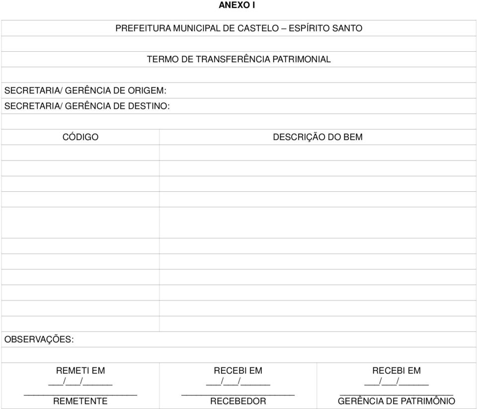 SECRETARIA/ GERÊNCIA DE DESTINO: CÓDIGO DESCRIÇÃO DO BEM