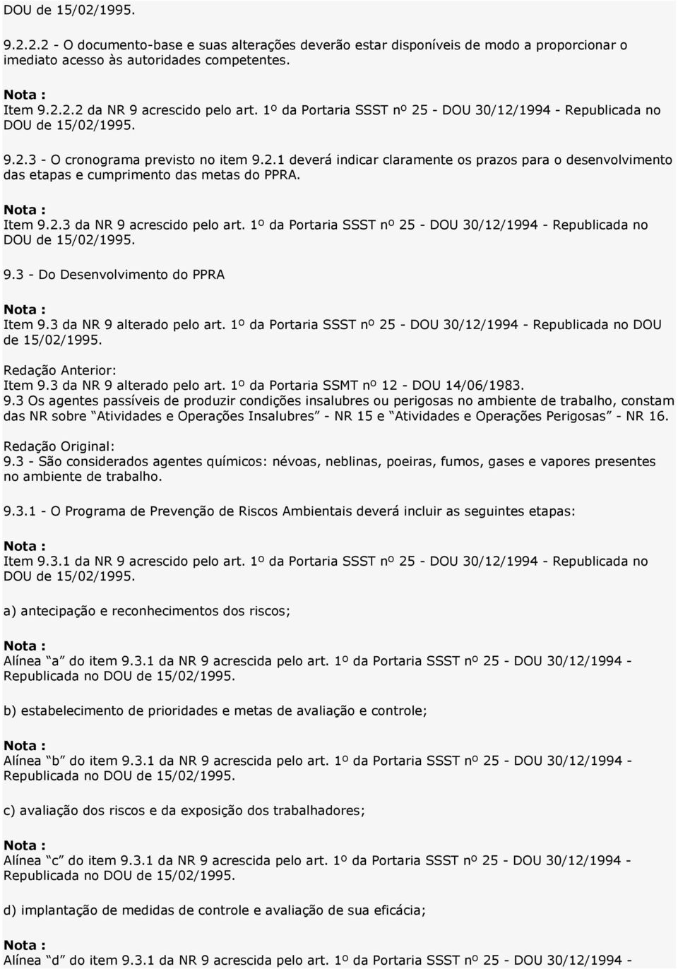 Item 9.2.3 da NR 9 acrescido pelo art. 1º da Portaria SSST nº 25 - DOU 30/12/1994 - Republicada no 9.3 - Do Desenvolvimento do PPRA Item 9.3 da NR 9 alterado pelo art.