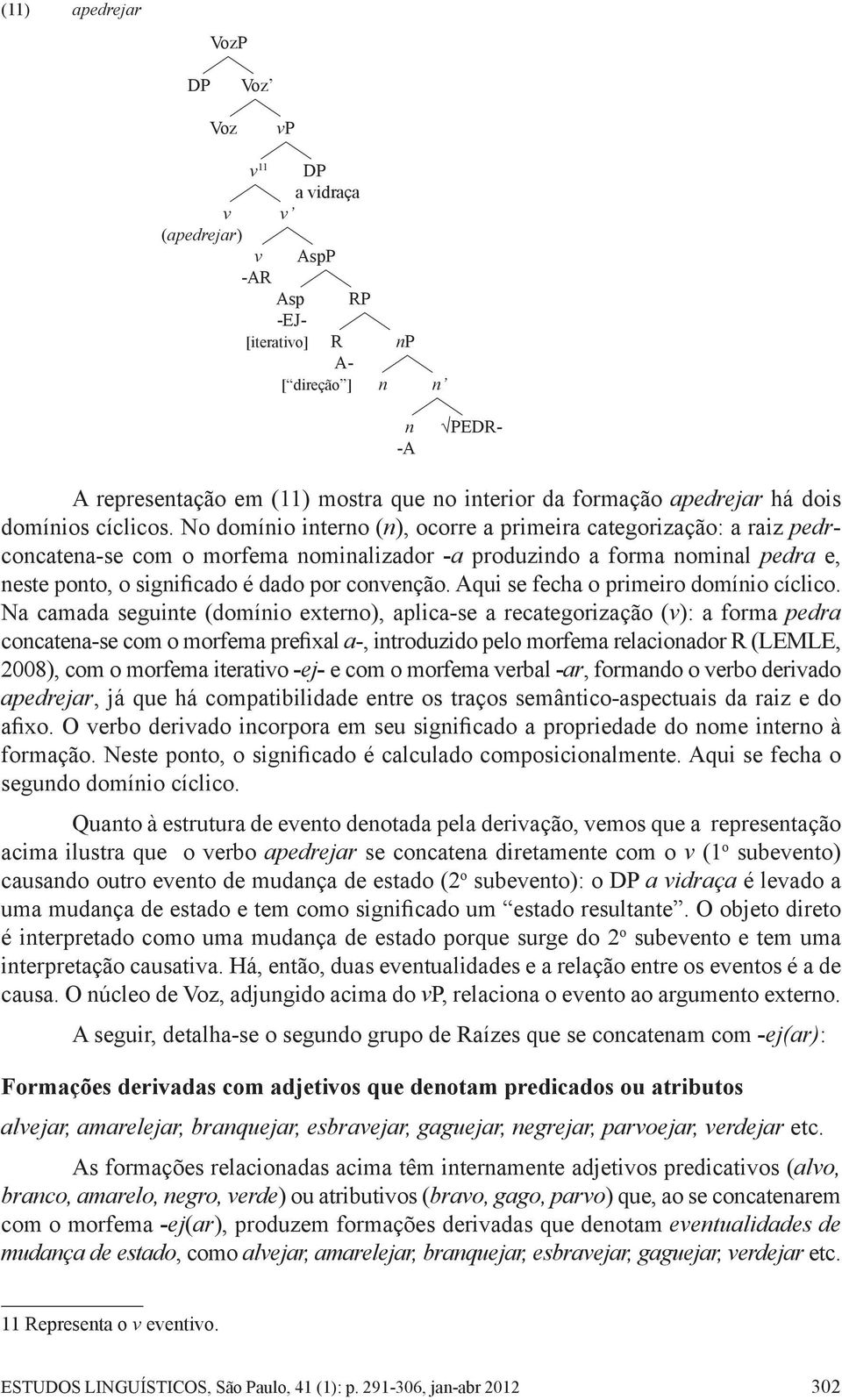 No domínio interno (n), ocorre a primeira categorização: a raiz pedrconcatena-se com o morfema nominalizador -a produzindo a forma nominal pedra e, neste ponto, o significado é dado por convenção.