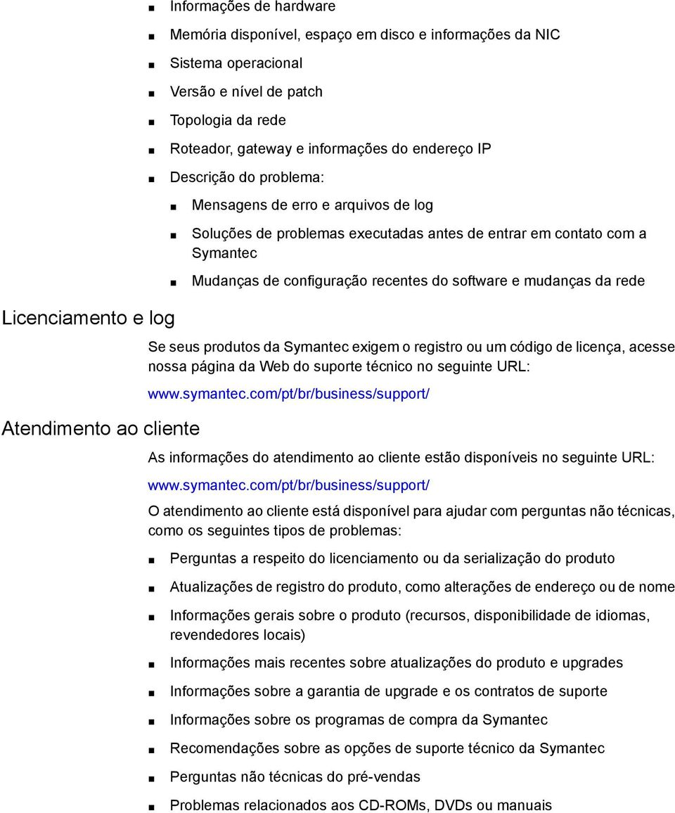 Licenciamento e log Atendimento ao cliente Se seus produtos da Symantec exigem o registro ou um código de licença, acesse nossa página da Web do suporte técnico no seguinte URL: www.symantec.