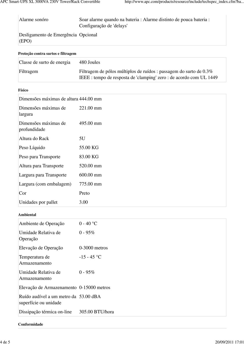 3% IEEE : tempo de resposta de 'clamping' zero : de acordo com UL 1449 Físico Dimensões máximas de altura 444.00 mm Dimensões máximas de largura Dimensões máximas de profundidade 221.00 mm 495.