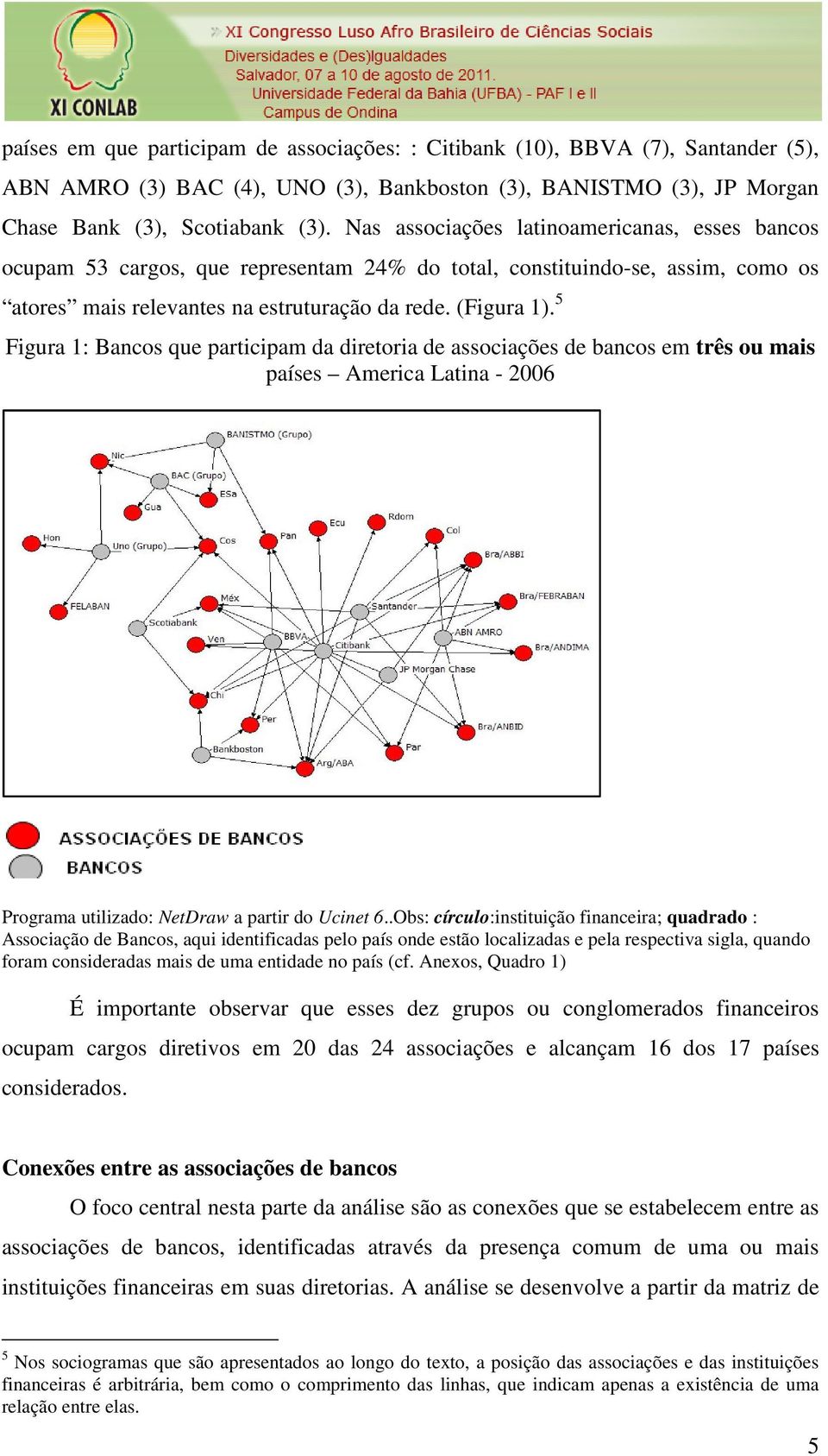 5 Figura 1: Bancos que participam da diretoria de associações de bancos em três ou mais países America Latina - 2006 Programa utilizado: NetDraw a partir do Ucinet 6.