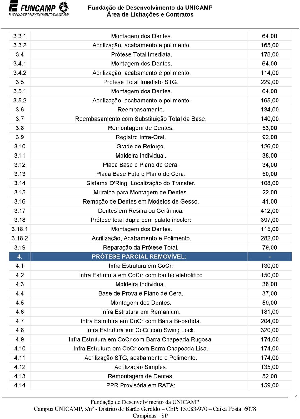 140,00 3.8 Remontagem de Dentes. 53,00 3.9 Registro Intra-Oral. 92,00 3.10 Grade de Reforço. 126,00 3.11 Moldeira Individual. 38,00 3.12 Placa Base e Plano de Cera. 34,00 3.