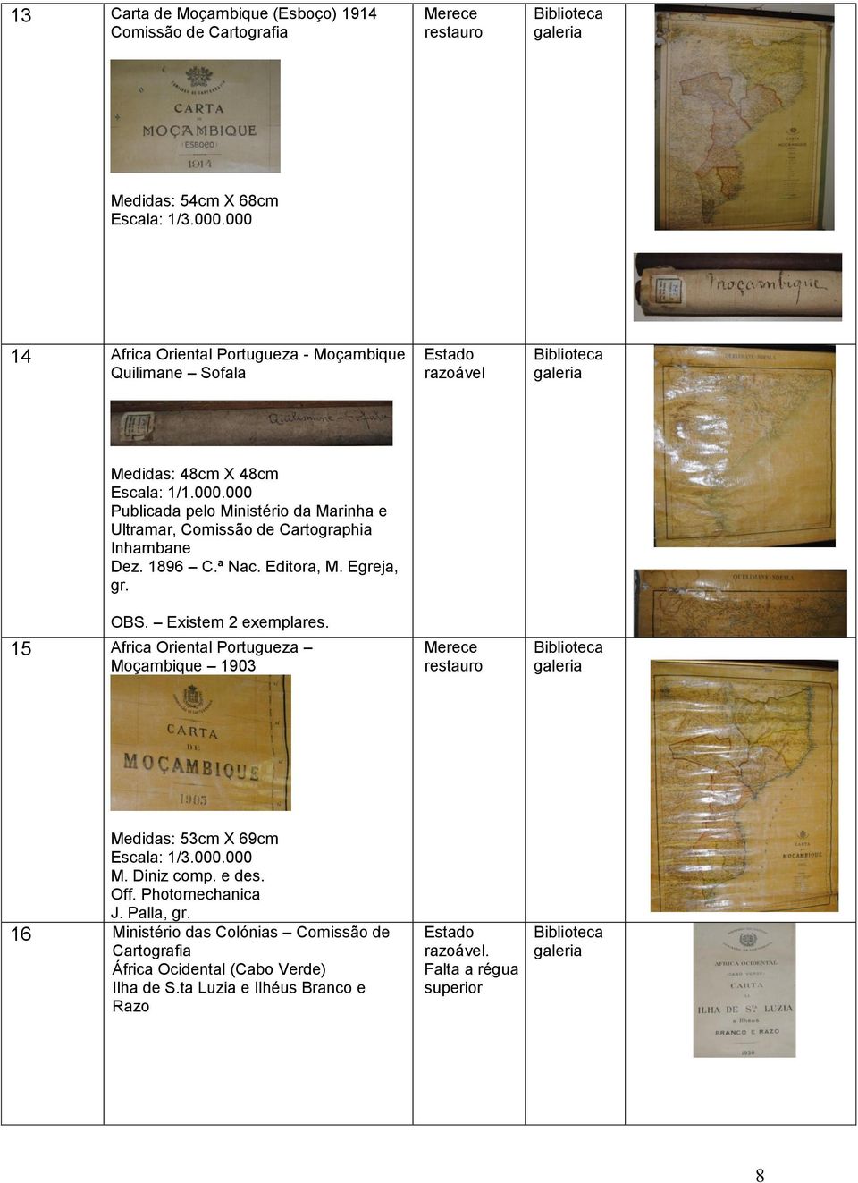 1896 C.ª Nac. Editora, M. Egreja, gr. OBS. Existem 2 exemplares. 15 Africa Oriental Portugueza Moçambique 1903 Medidas: 53cm X 69cm Escala: 1/3.000.000 M. Diniz comp.