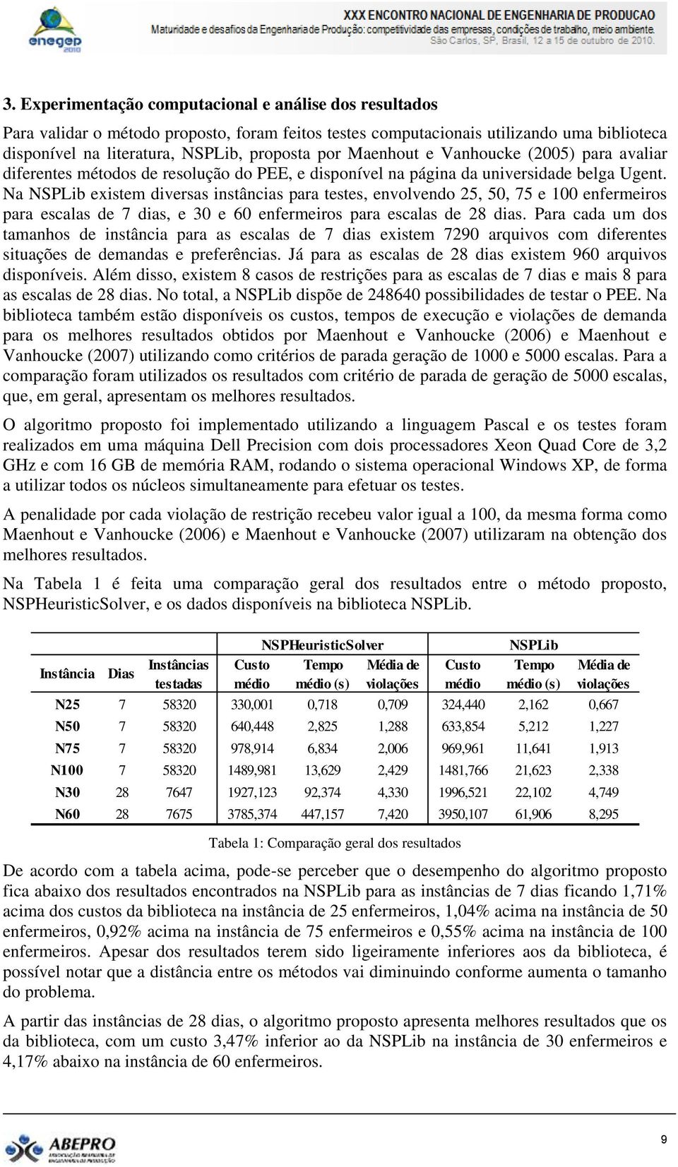 Na NSPLib existem diversas instâncias para testes, envolvendo 25, 50, 75 e 100 enfermeiros para escalas de 7 dias, e 30 e 60 enfermeiros para escalas de 28 dias.