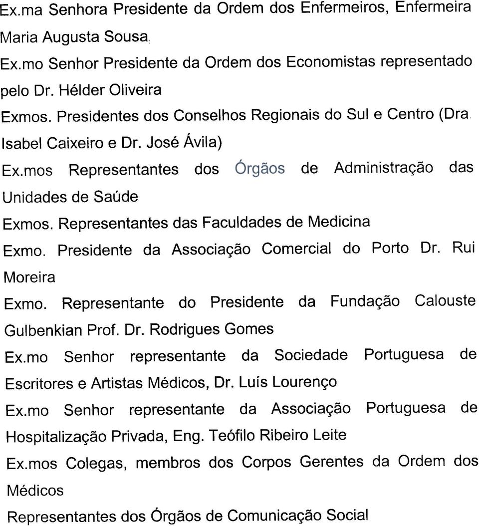 Representantes das Faculdades de Medicina Exmo. Moreira Presidente da Associação Comercial do Porto Or. Rui Exmo. Representante do Presidente da Fundação Calouste Gulbenkian Prot. Or. Rodrigues Gomes Ex.