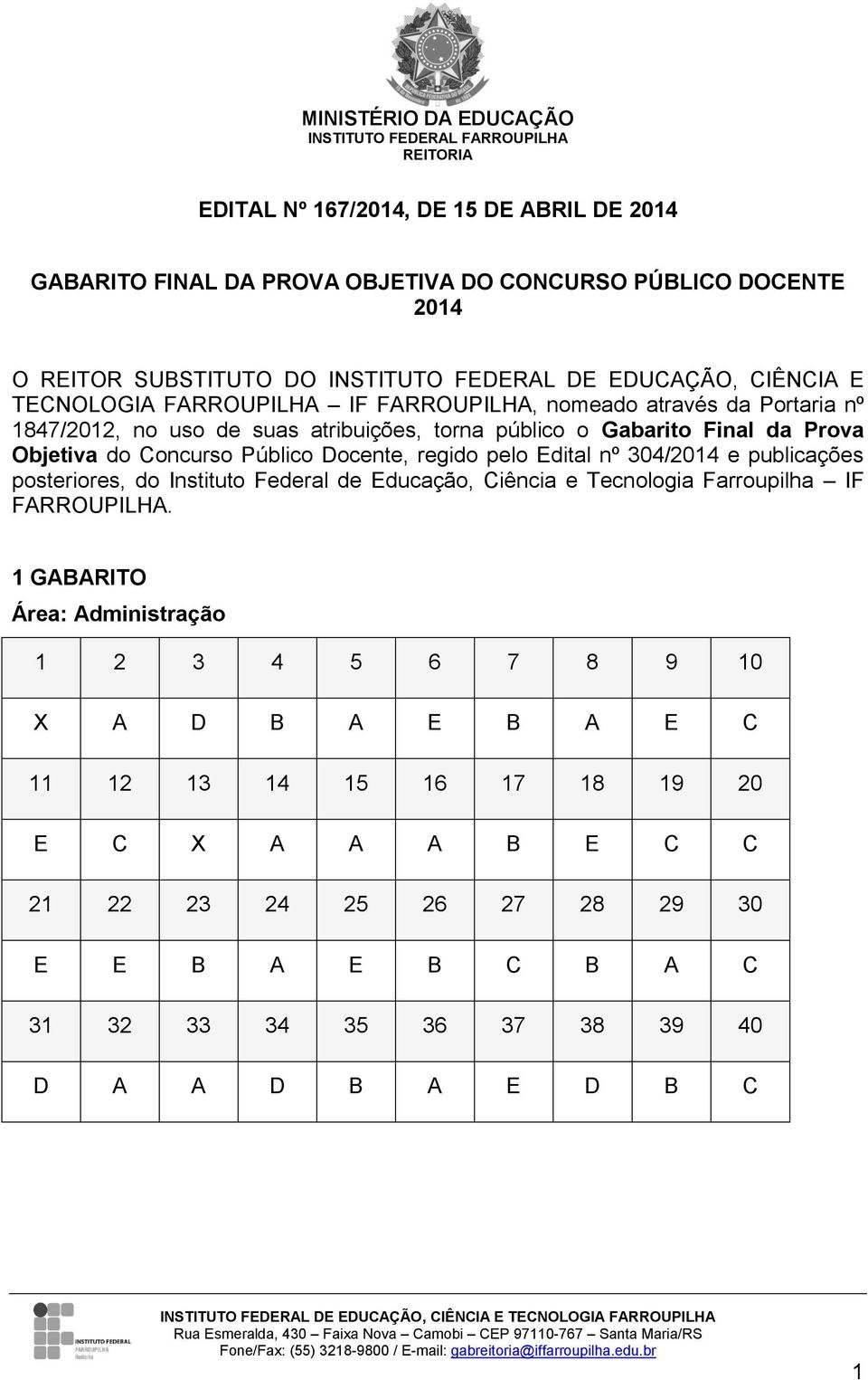 público o Gabarito Final da Prova Objetiva do Concurso Público Docente, regido pelo Edital nº 304/2014 e publicações posteriores, do Instituto