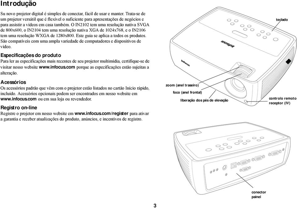 O IN2102 tem uma resolução nativa SVGA de 800x600, o IN2104 tem uma resolução nativa XGA de 1024x768, e o IN2106 tem uma resolução WXGA de 1280x800. Este guia se aplica a todos os produtos.