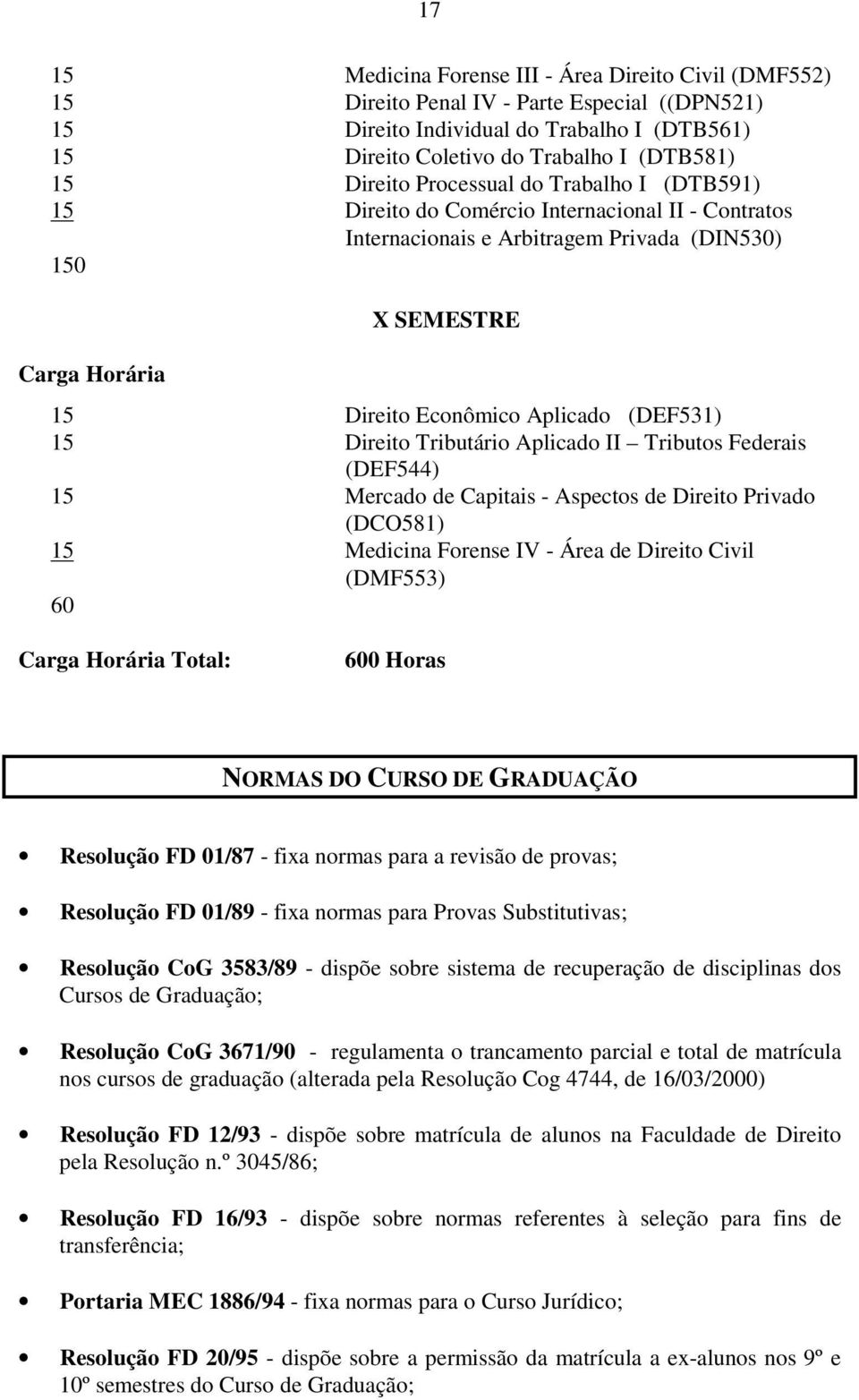 Tributário Aplicado II Tributos Federais (DEF544) 15 Mercado de Capitais - Aspectos de Direito Privado (DCO581) 15 Medicina Forense IV - Área de Direito Civil (DMF553) 60 Total: 600 Horas NORMAS DO