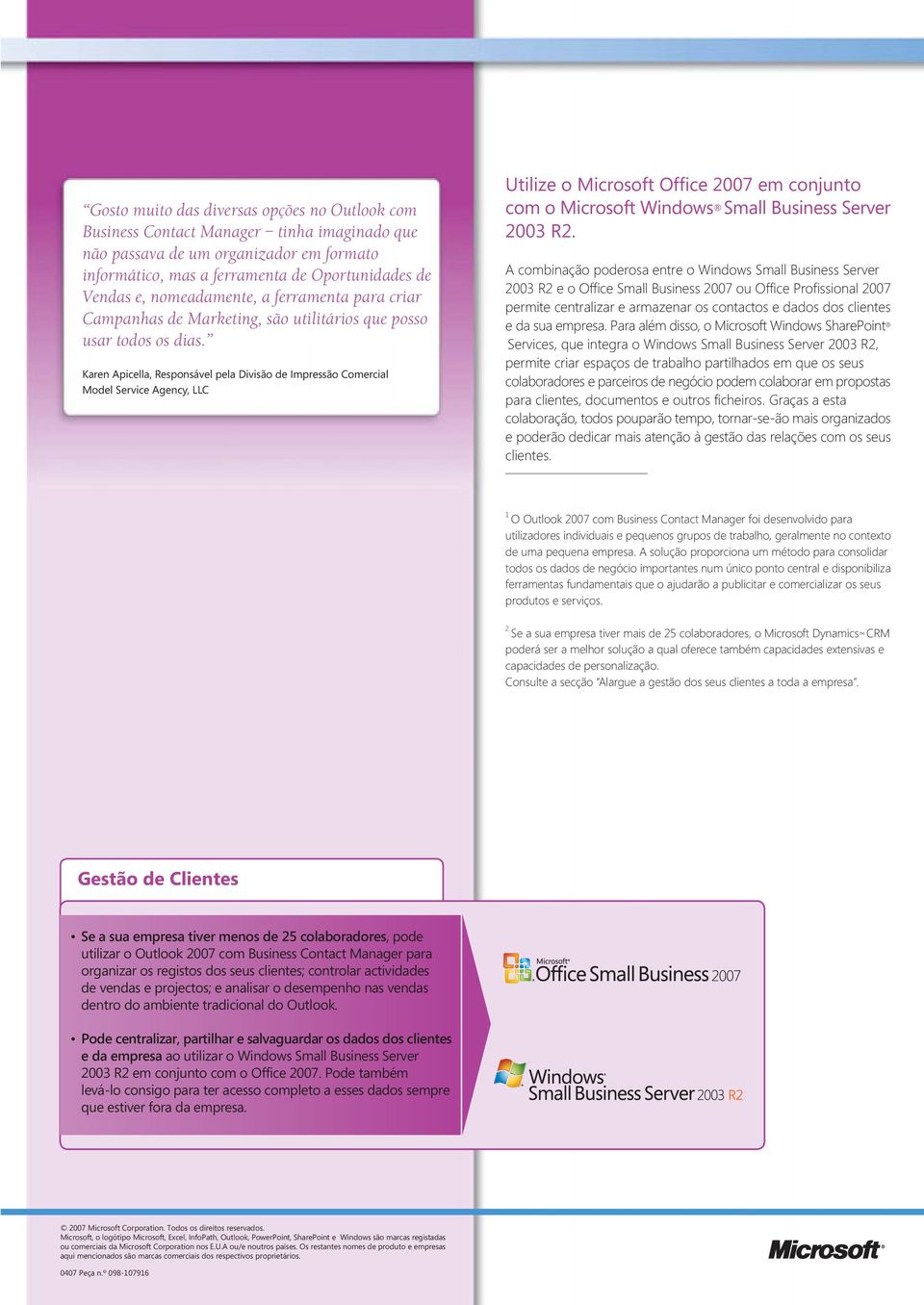 Karen Apicella, Responsável pela Divisão de Impressão Comercial Model Service Agency, LLC Utilize o Microsoft Office 2007 em conjunto com o Microsoft Windows Small Business Server 2003 R2.