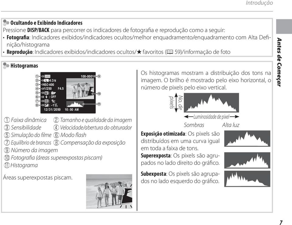 5 : : OFF : : - 2 3 2/3/2050 0:00 AM q Faixa dinâmica w Tamanho e qualidade da imagem e Sensibilidade r Velocidade/abertura do obturador t Simulação do filme y Modo flash u Equilíbrio de brancos i