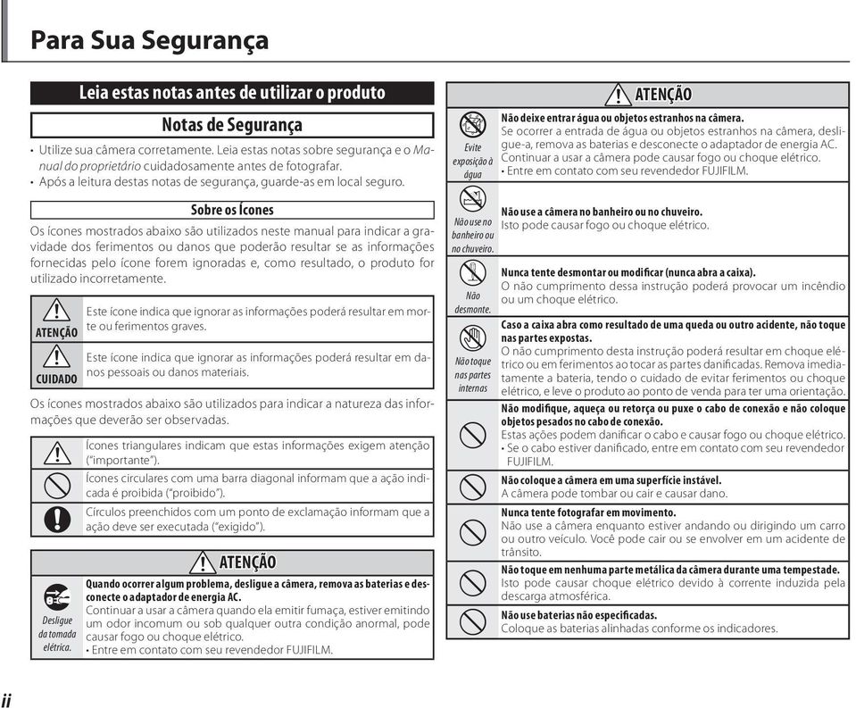 Sobre os Ícones Os ícones mostrados abaixo são utilizados neste manual para indicar a gravidade dos ferimentos ou danos que poderão resultar se as informações fornecidas pelo ícone forem ignoradas e,