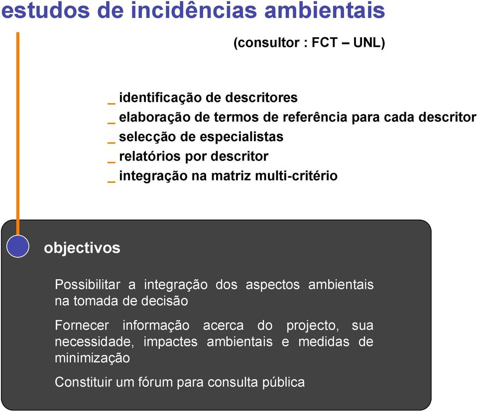 multi-critério objectivos Possibilitar a integração dos aspectos ambientais na tomada de decisão Fornecer