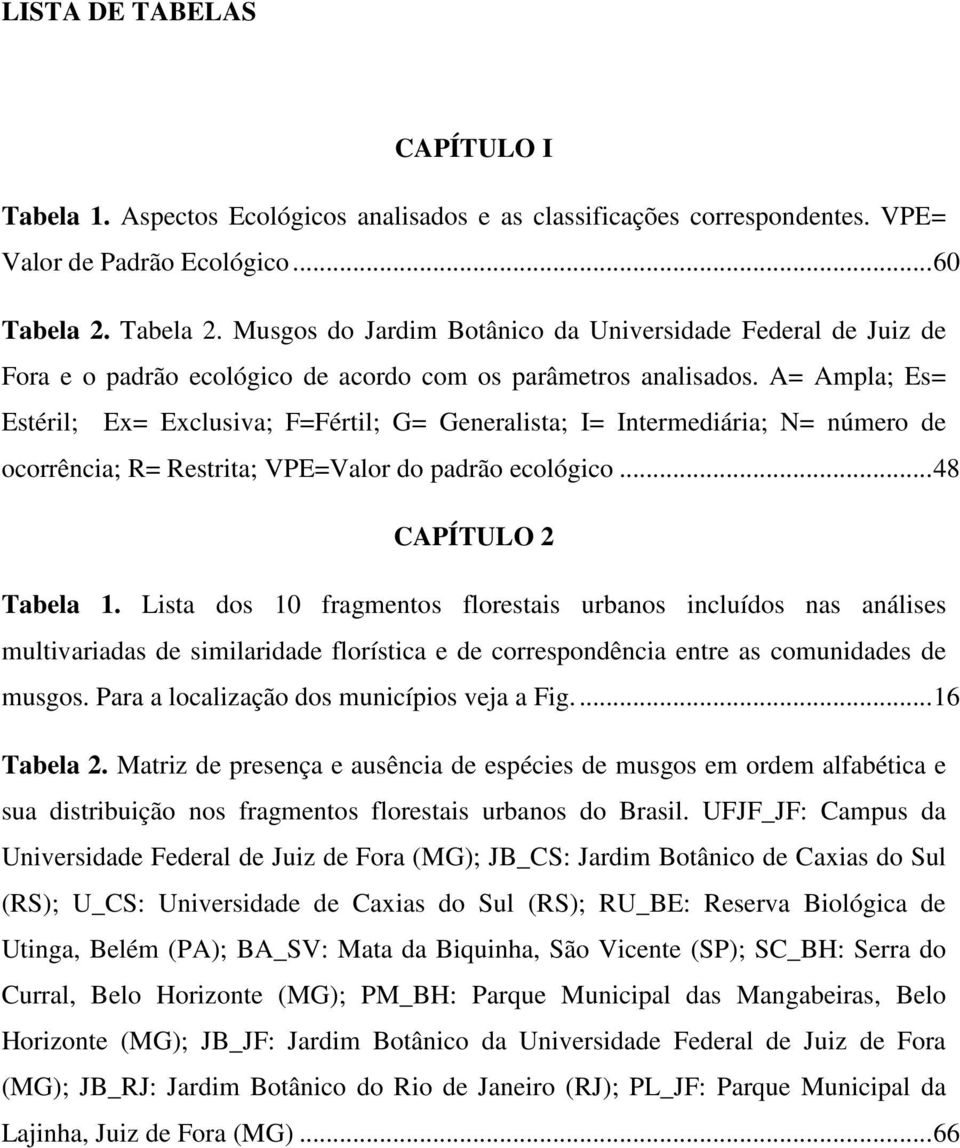 A= Ampla; Es= Estéril; Ex= Exclusiva; F=Fértil; G= Generalista; I= Intermediária; N= número de ocorrência; R= Restrita; VPE=Valor do padrão ecológico... 48 CAPÍTULO 2 Tabela 1.