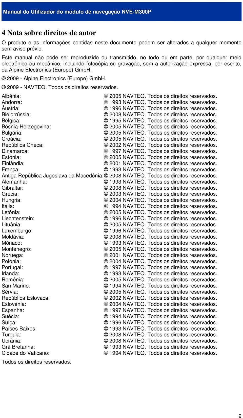 Alpine Electronics (Europe) GmbH. 2009 - Alpine Electronics (Europe) GmbH. 2009 - NAVTEQ. Todos os direitos reservados. Albânia: 2005 NAVTEQ. Todos os direitos reservados. Andorra: 1993 NAVTEQ.