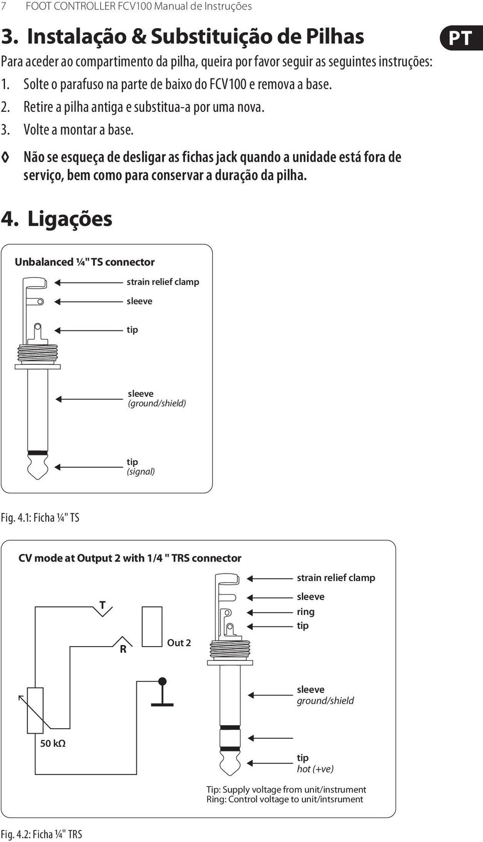 Não se esqueça de desligar as fichas jack quando a unidade está fora de serviço, bem como para conservar a duração da pilha. 4.