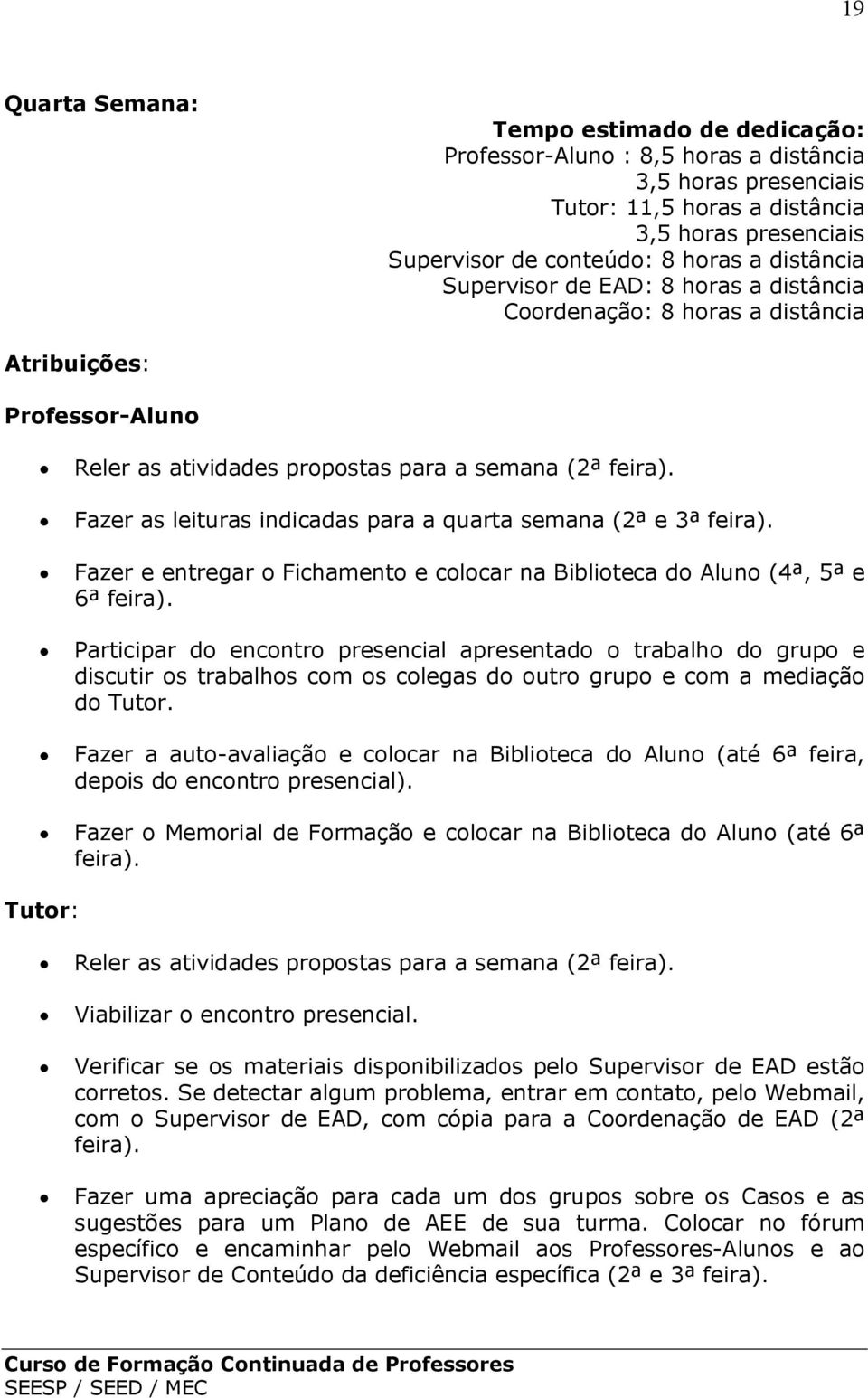 Fazer as leituras indicadas para a quarta semana (2ª e 3ª feira). Fazer e entregar o Fichamento e colocar na Biblioteca do Aluno (4ª, 5ª e 6ª feira).