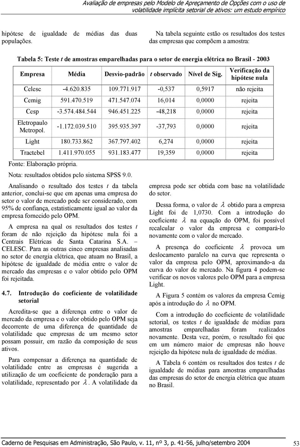 Desvio-padrão t observado Nível de Sig. Verificação da hipótese nula Celesc -4.620.835 109.771.917-0,537 0,5917 não rejeita Cemig 591.470.519 471.547.074 16,014 0,0000 rejeita Cesp -3.574.484.544 946.