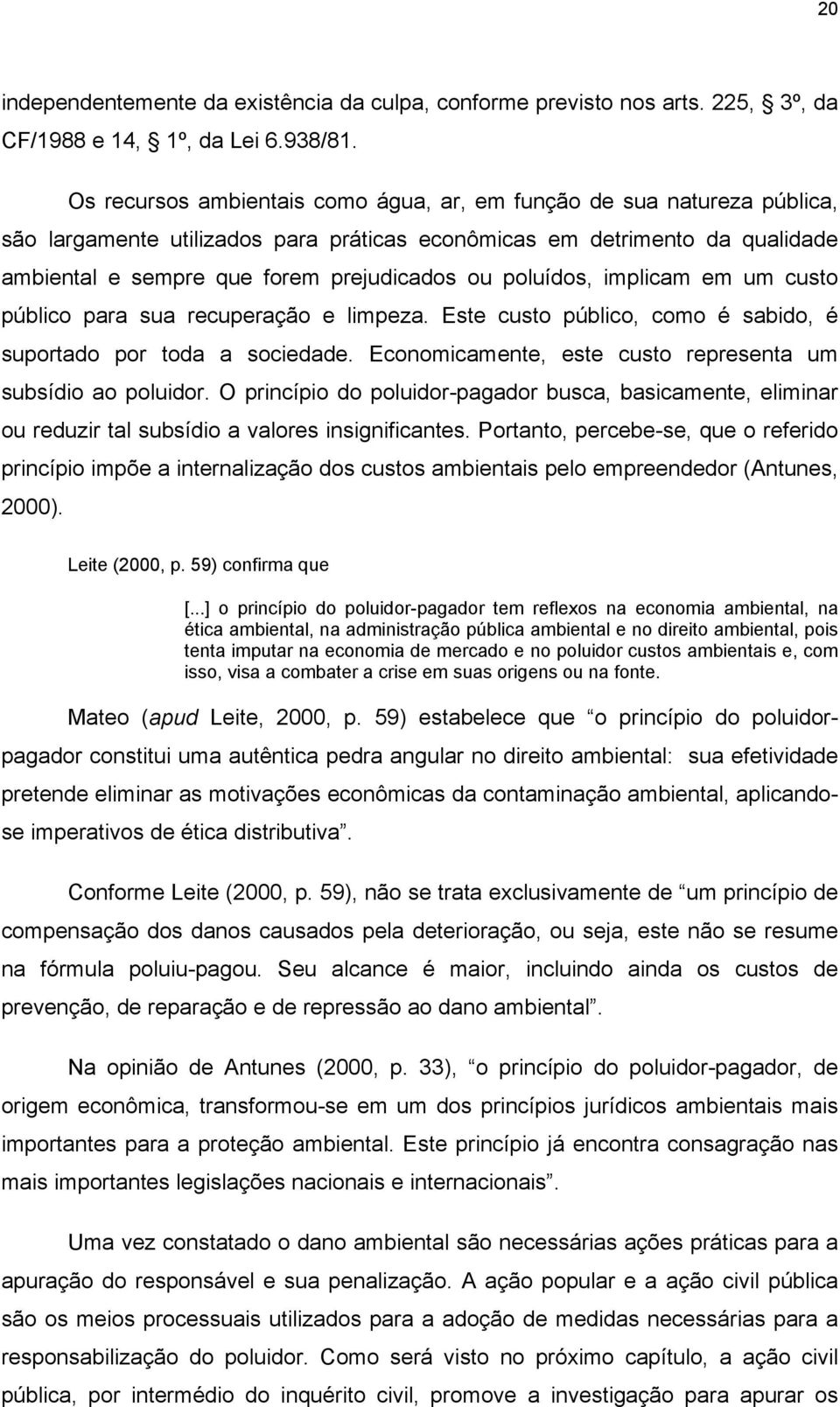 poluídos, implicam em um custo público para sua recuperação e limpeza. Este custo público, como é sabido, é suportado por toda a sociedade.