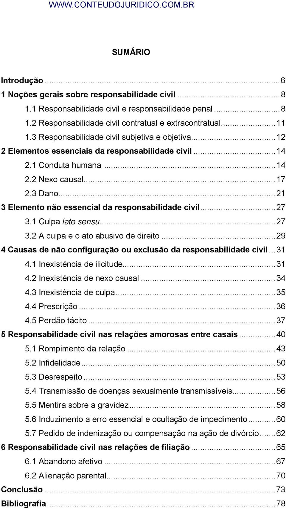 .. 21 3 Elemento não essencial da responsabilidade civil... 27 3.1 Culpa lato sensu... 27 3.2 A culpa e o ato abusivo de direito... 29 4 Causas de não configuração ou exclusão da responsabilidade civil.