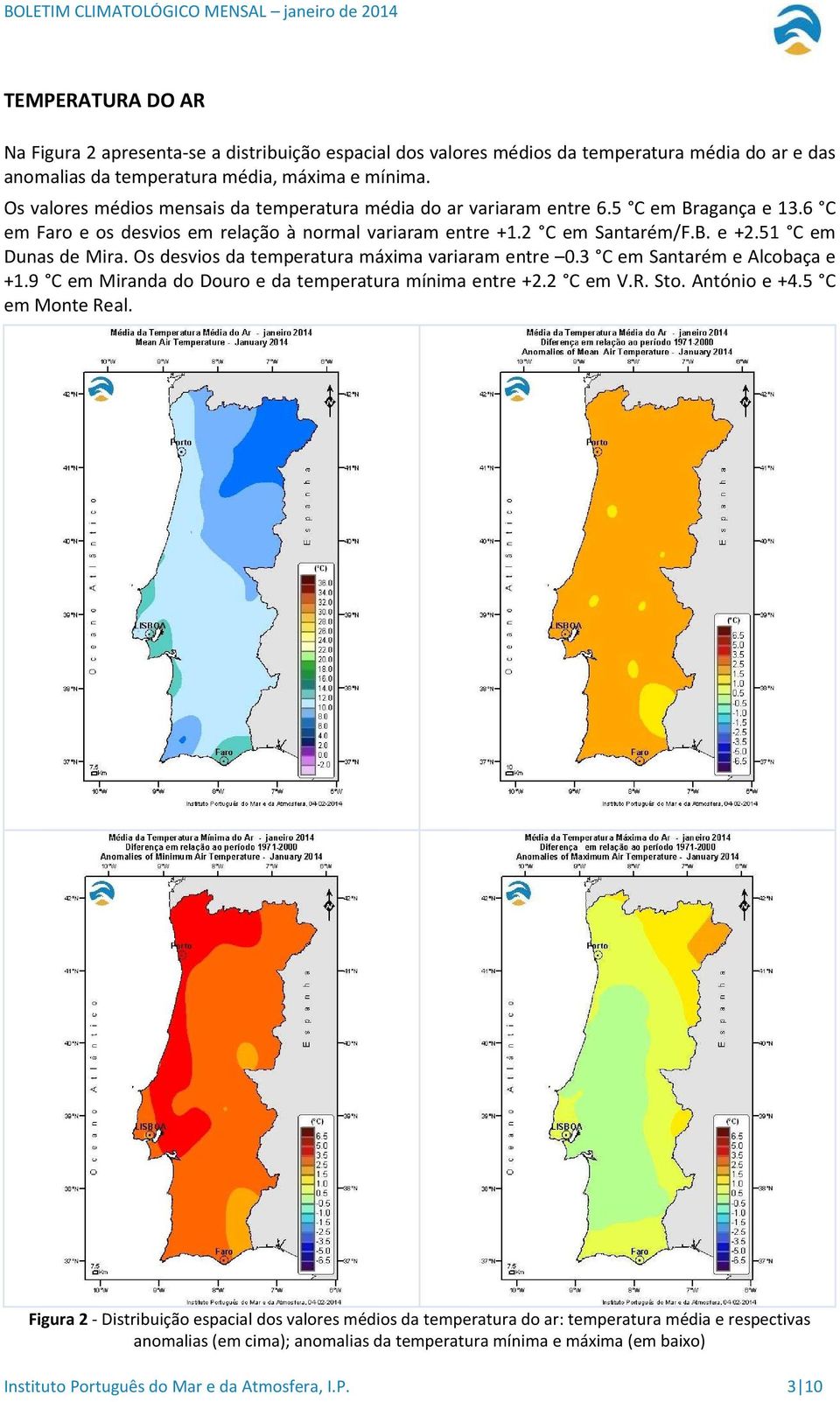 51 C em Dunas de Mira. Os desvios da temperatura máxima variaram entre 0.3 C em Santarém e Alcobaça e +1.9 C em Miranda do Douro e da temperatura mínima entre +2.2 C em V.R. Sto. António e +4.