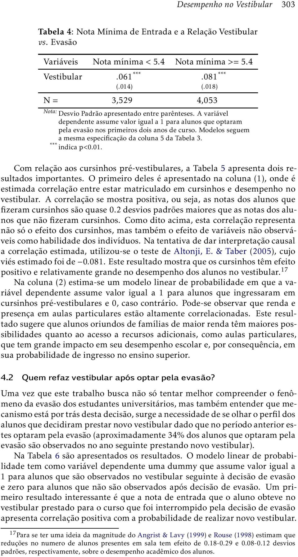 Modelos seguem a mesma especificação da coluna 5 da Tabela 3. *** indica p<0.01. Com relação aos cursinhos pré-vestibulares, a Tabela 5 apresenta dois resultados importantes.