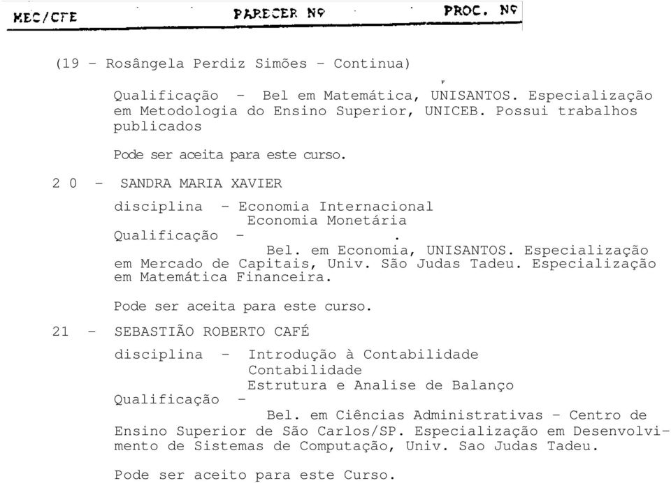 Especialização em Mercado de Capitais, Univ. São Judas Tadeu. Especialização em Matemática Financeira. Pode ser aceita para este curso.