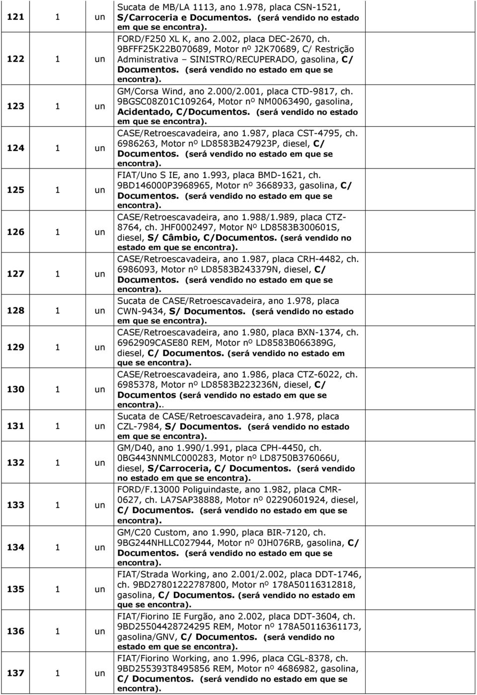 9BFFF25K22B070689, Motor nº J2K70689, C/ Restrição Administrativa SINISTRO/RECUPERADO, gasolina, C/ GM/Corsa Wind, ano 2.000/2.001, placa CTD-9817, ch.