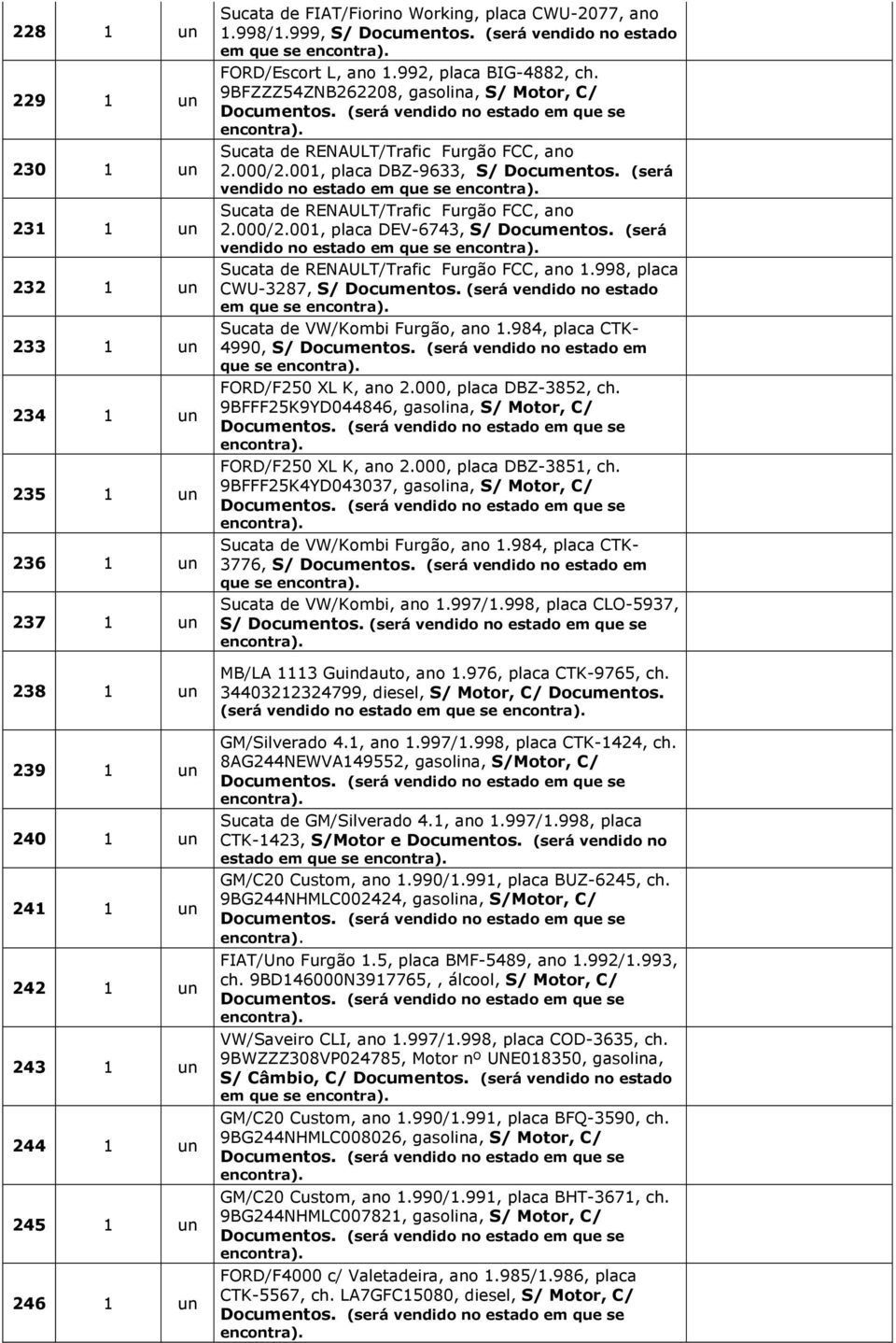 9BFZZZ54ZNB262208, gasolina, S/ Motor, C/ Sucata de RENAULT/Trafic Furgão FCC, ano 2.000/2.001, placa DBZ-9633, S/ Documentos.