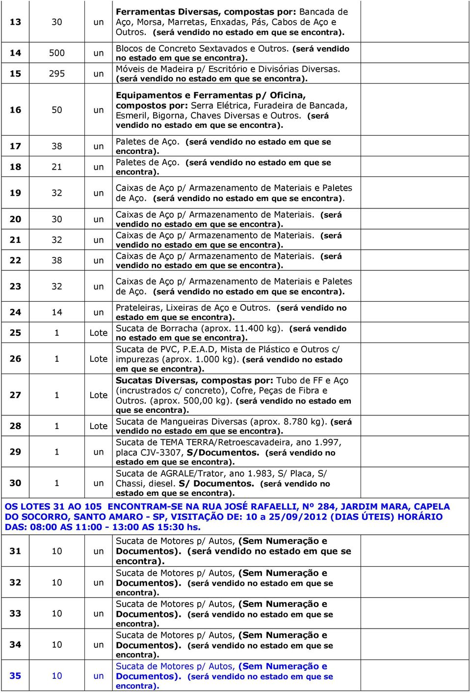 (será vendido no estado em que se Equipamentos e Ferramentas p/ Oficina, compostos por: Serra Elétrica, Furadeira de Bancada, Esmeril, Bigorna, Chaves Diversas e Outros.