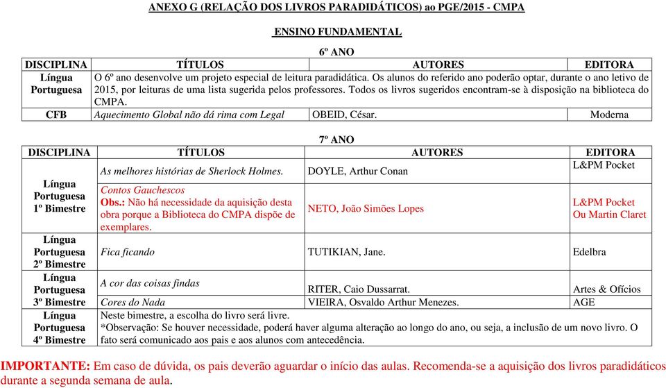 CFB Aquecimento Global não dá rima com Legal OBEID, César. Moderna 7º ANO L&PM Pocket As melhores histórias de Sherlock Holmes. DOYLE, Arthur Conan NETO, João Simões Lopes Contos Gauchescos Obs.