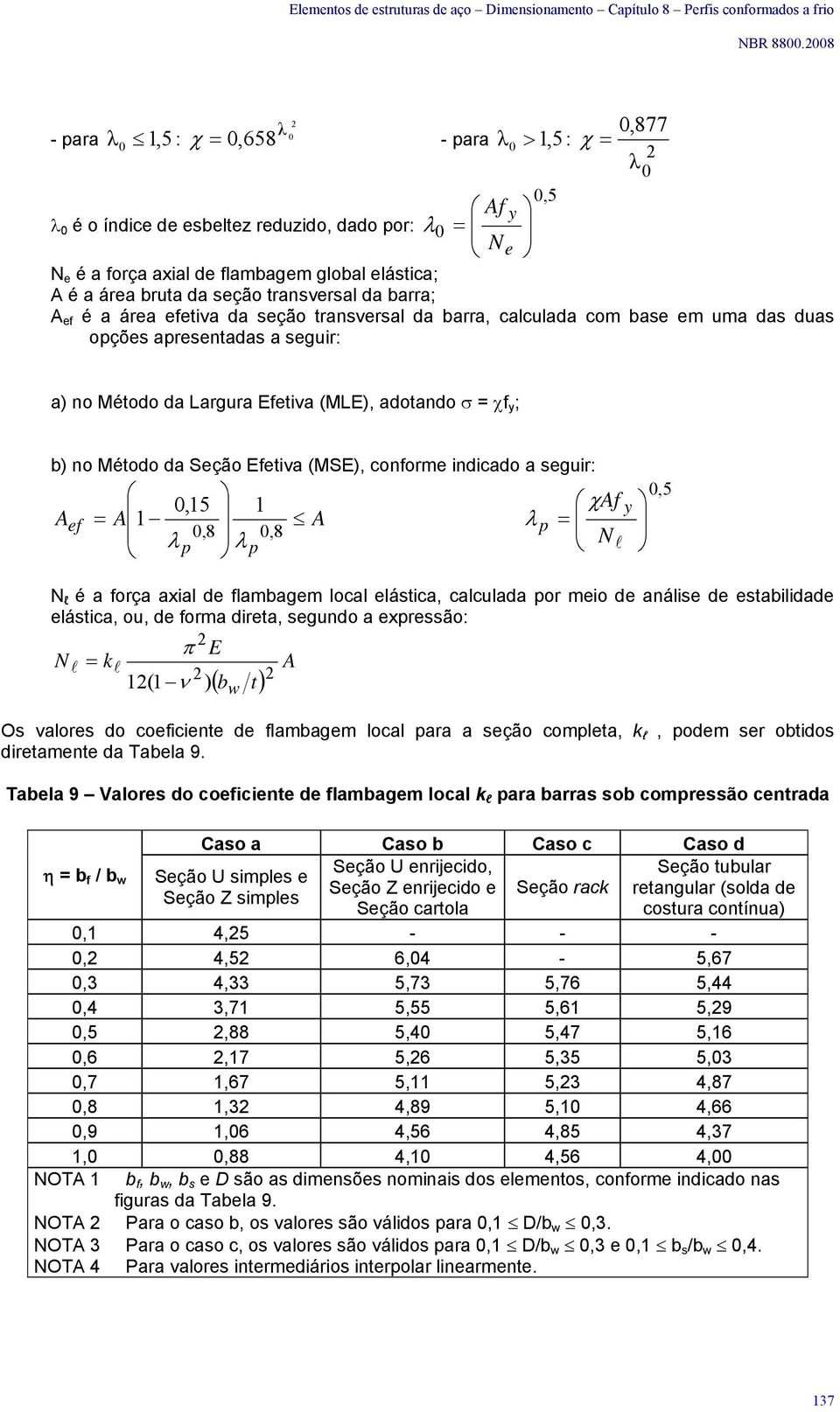 seção trnsversl d rr, luld o se e u ds dus opções presentds seguir: ) no Método d Lrgur Efetiv (MLE), dotndo = f y ; ) no Método d Seção Efetiv (MSE), onfore indido seguir: 0,5 Aef A 0,15 1 Af 1 A y