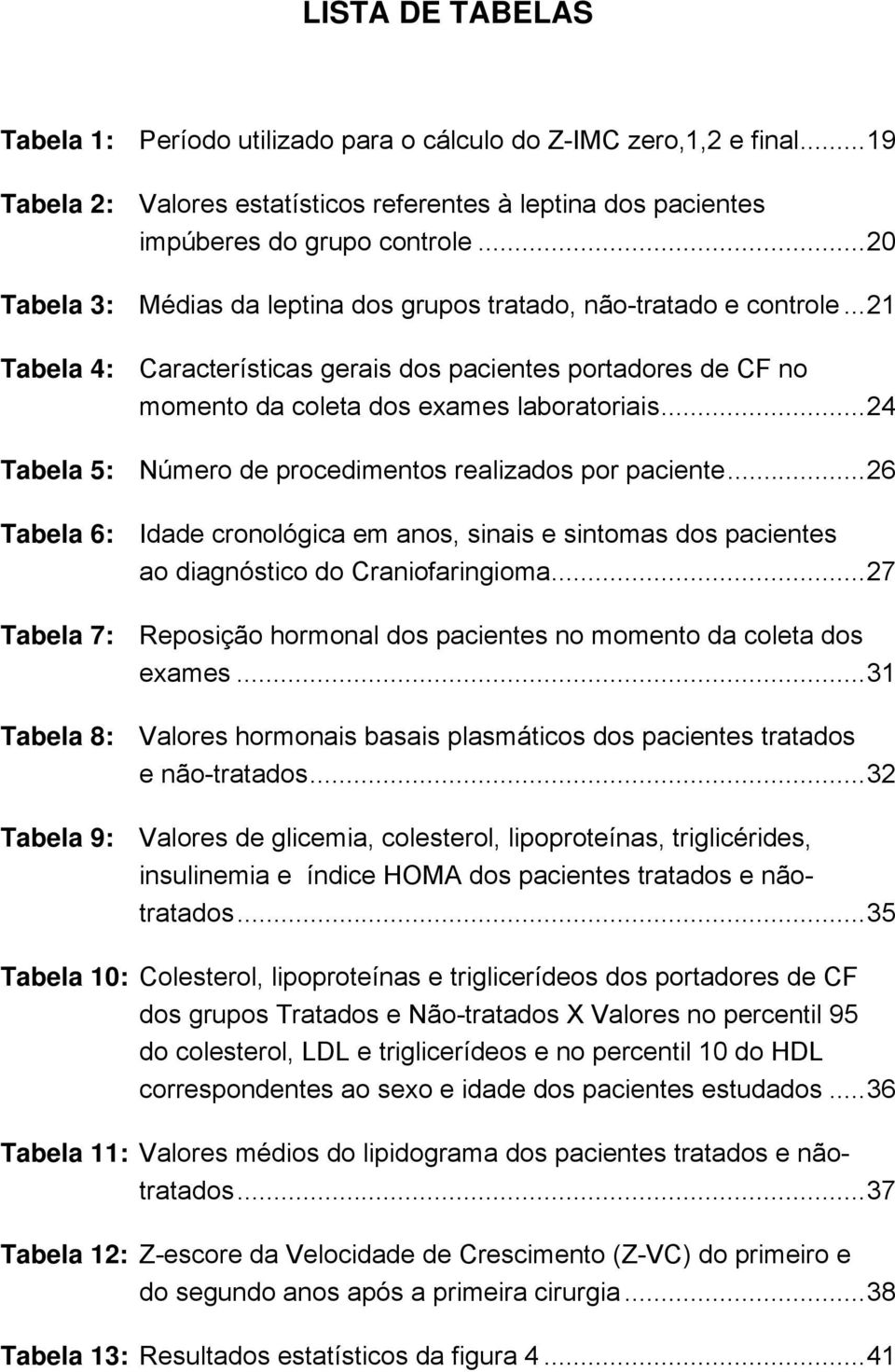 ..24 Tabela 5: Número de procedimentos realizados por paciente...26 Tabela 6: Idade cronológica em anos, sinais e sintomas dos pacientes ao diagnóstico do Craniofaringioma.