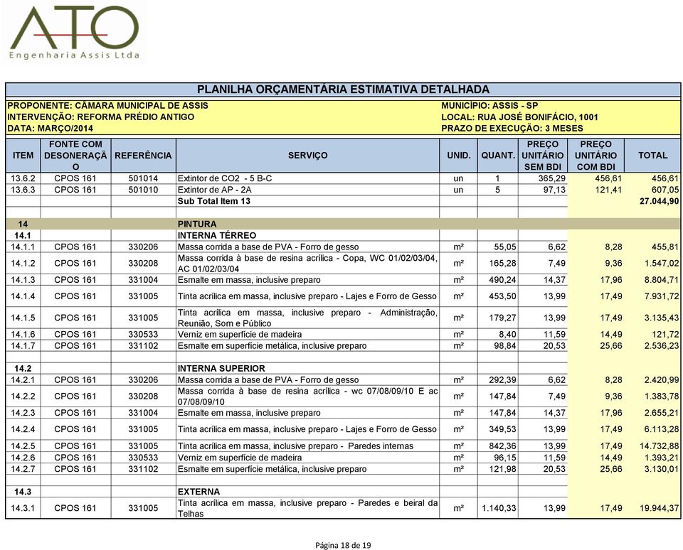547,02 14.1.3 CPS 161 331004 Esmalte em massa, inclusive preparo m² 490,24 14,37 17,96 8.804,71 14.1.4 CPS 161 331005 Tinta acrílica em massa, inclusive preparo - Lajes e Forro de Gesso m² 453,50 13,99 17,49 7.