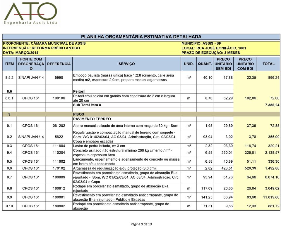 24 8.6 Peitoril 8.6.1 CPS 161 190106 Peitoril e/ou soleira em granito com espessura de 2 cm e largura até 20 cm m 0,70 82,29 102,86 72,00 Sub Total Item 8 7.385,24 9 PISS PAVIMENT TÉRRE 9.