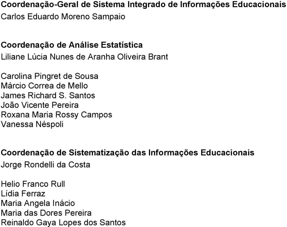 Santos João Vicente Pereira Roxana Maria Rossy Campos Vanessa Néspoli Coordenação de Sistematização das Informações