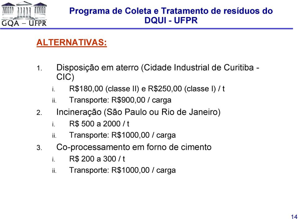 R$180,00 (classe II) e R$250,00 (classe I) / t ii. Transporte: R$900,00 / carga 2.