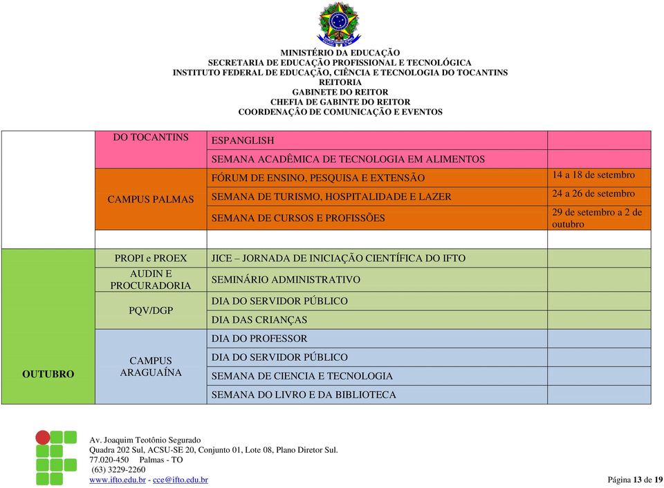 PROEX AUDIN E PROCURADORIA PQV/DGP JICE JORNADA DE INICIAÇÃO CIENTÍFICA DO IFTO SEMINÁRIO ADMINISTRATIVO DIA DO SERVIDOR PÚBLICO