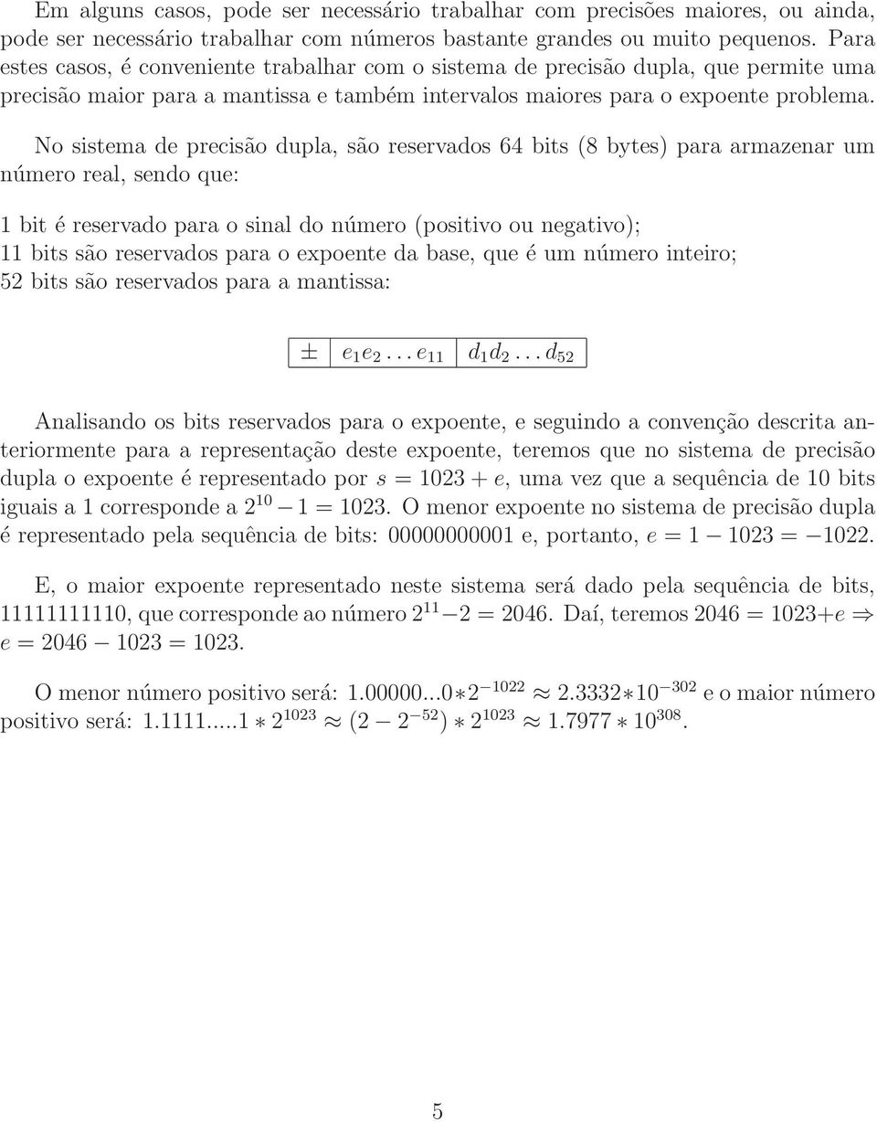 No sistema de precisão dupla, são reservados 64 bits (8 bytes) para armazenar um número real, sendo que: 1 bit é reservado para o sinal do número (positivo ou negativo); 11 bits são reservados para o