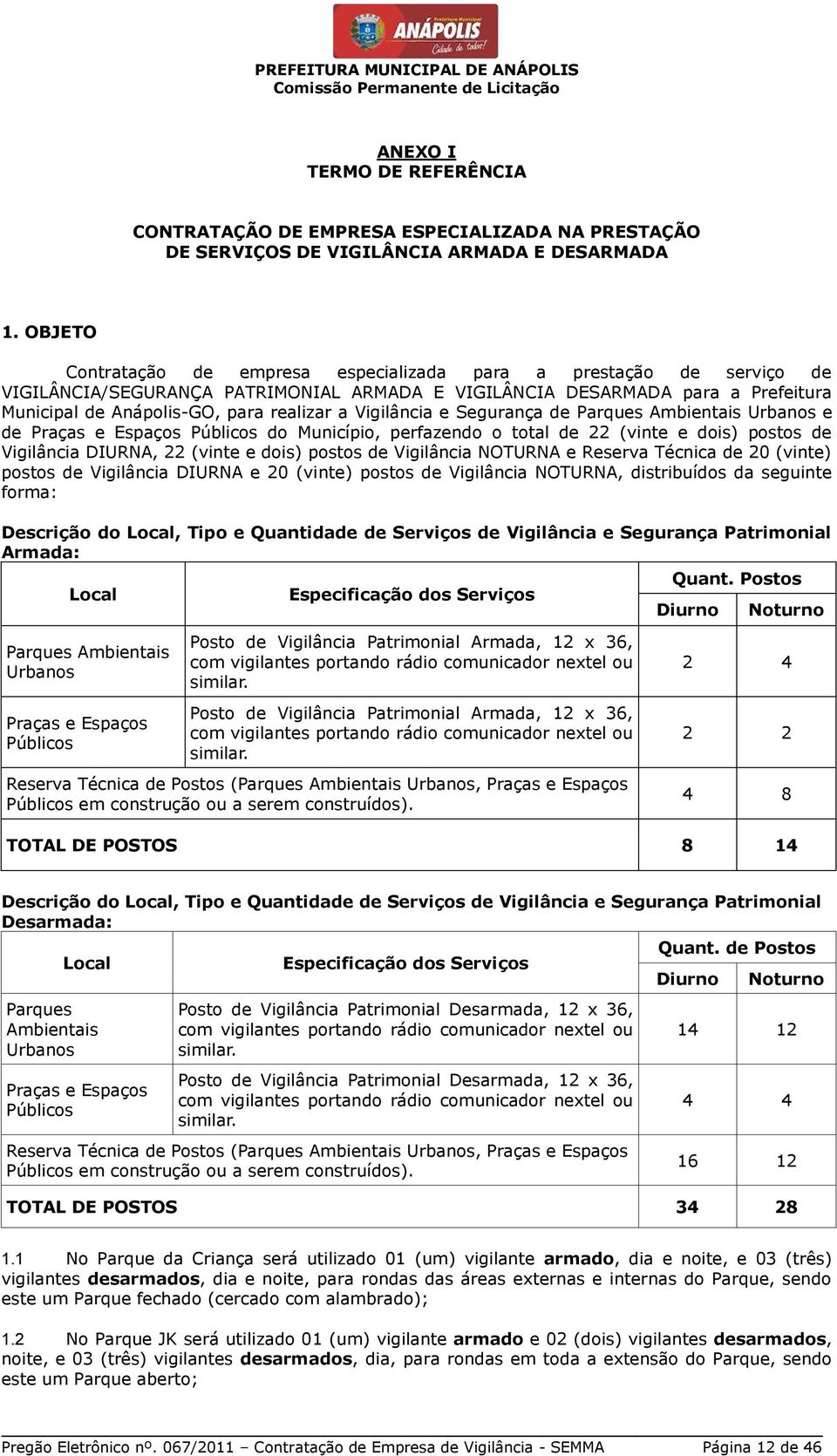 Vigilância e Segurança de Parques Ambientais Urbanos e de Praças e Espaços Públicos do Município, perfazendo o total de 22 (vinte e dois) postos de Vigilância DIURNA, 22 (vinte e dois) postos de