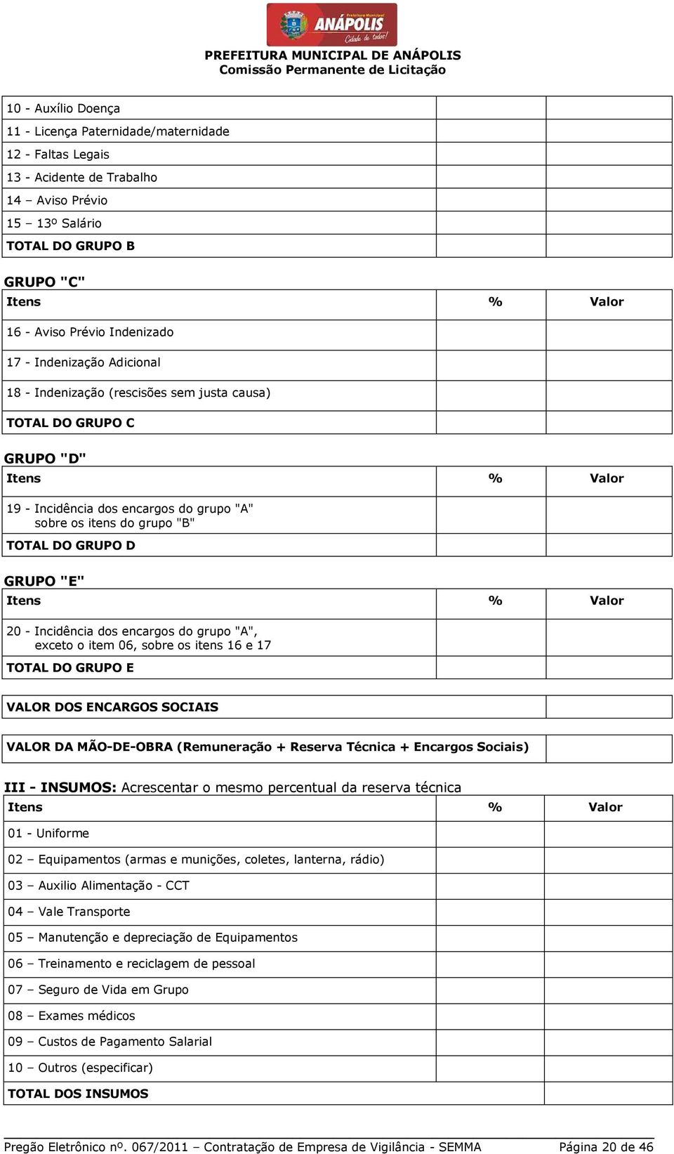 Incidência dos encargos do grupo "A", exceto o item 06, sobre os itens 16 e 17 TOTAL DO GRUPO E VALOR DOS ENCARGOS SOCIAIS VALOR DA MÃO-DE-OBRA (Remuneração + Reserva Técnica + Encargos Sociais) III