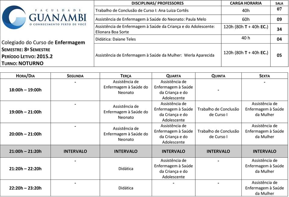 ) 34 05 HORA/DIA SEGUNDA TERÇA QUARTA QUINTA SEXTA 18:00h 19:00h do Neonato da Criança e do 19:00h 21:00h 20:00h 21:00h do Neonato do Neonato Adolescente da Criança e do Adolescente da Criança e do