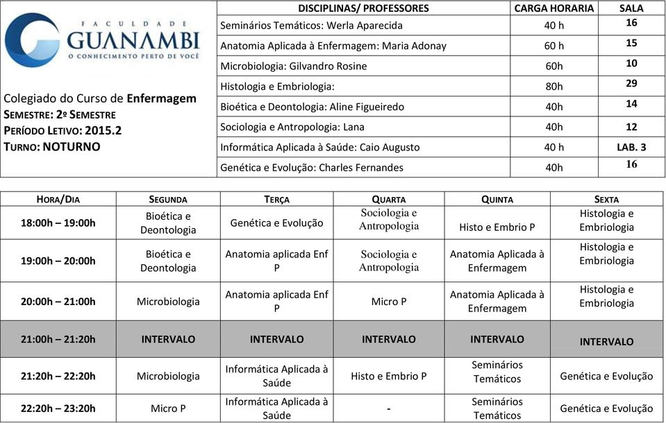 3 Genética e Evolução: Charles Fernandes 40h 16 HORA/DIA SEGUNDA TERÇA QUARTA QUINTA SEXTA 18:00h 19:00h 19:00h 20:00h Bioética e Deontologia Bioética e Deontologia Genética e Evolução Anatomia