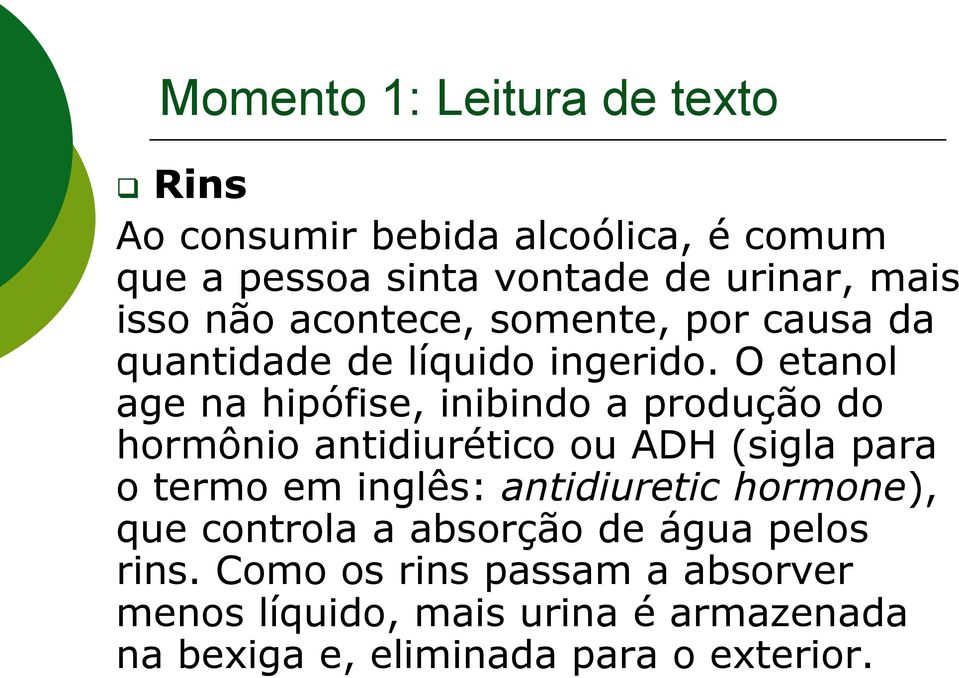 O etanol age na hipófise, inibindo a produção do hormônio antidiurético ou ADH (sigla para o termo em inglês: