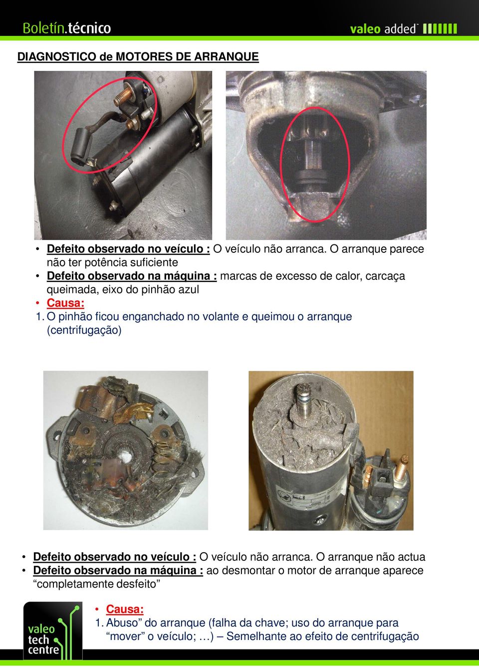 O pinhão ficou enganchado no volante e queimou o arranque (centrifugação) Defeito observado no veículo : O veículo não arranca.