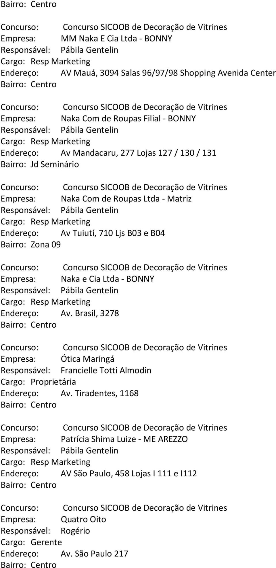 Empresa: Naka e Cia Ltda - BONNY Endereço: Av. Brasil, 3278 Empresa: Ótica Maringá Responsável: Francielle Totti Almodin Endereço: Av.