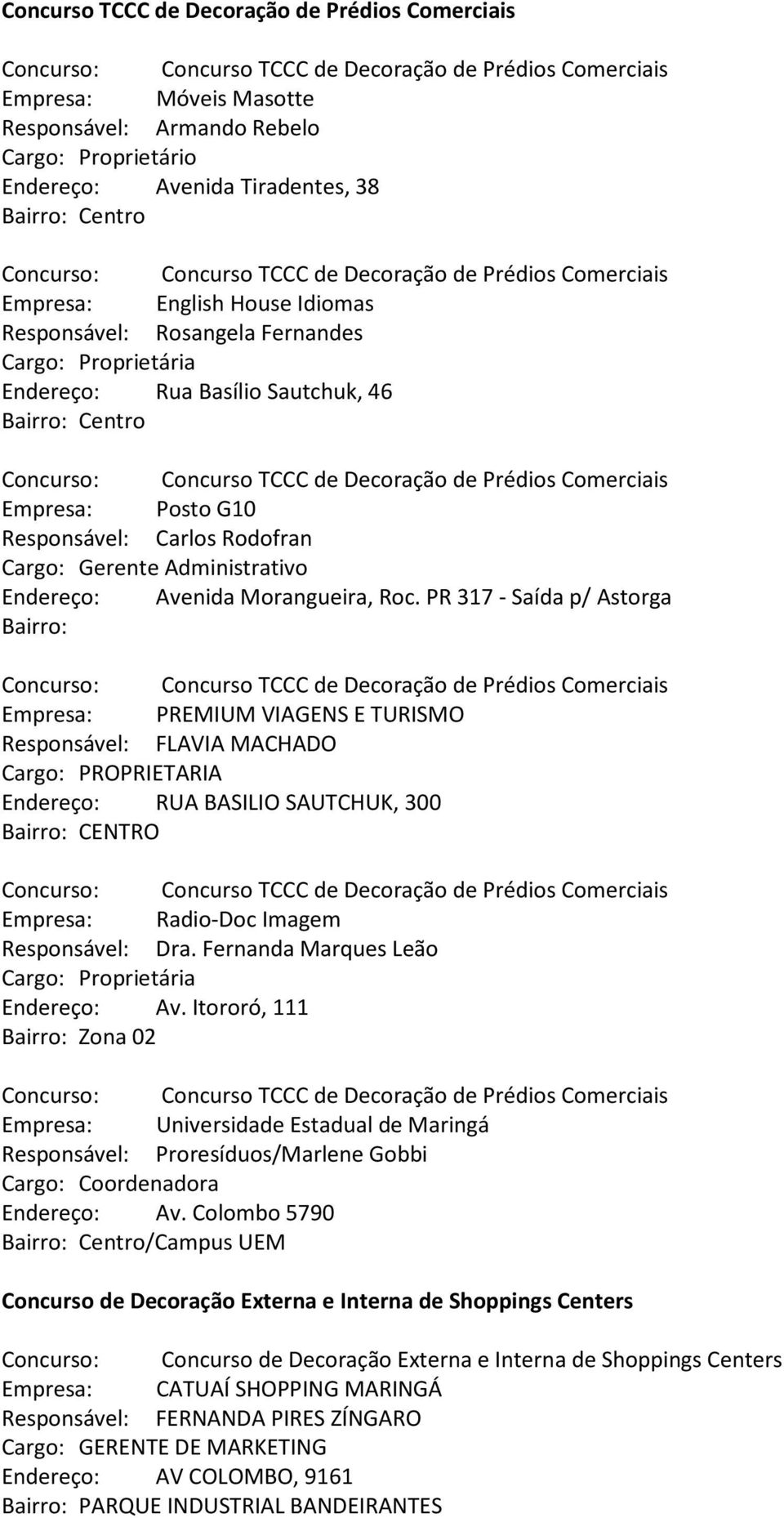 PR 317 - Saída p/ Astorga Bairro: Empresa: PREMIUM VIAGENS E TURISMO Responsável: FLAVIA MACHADO Endereço: RUA BASILIO SAUTCHUK, 300 Empresa: Radio-Doc Imagem Responsável: Dra.